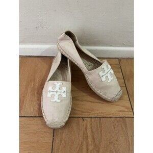Tory Burch Sz 9 M Cream Weston Flat Espadrilles Canvas Slip On Calf Leather